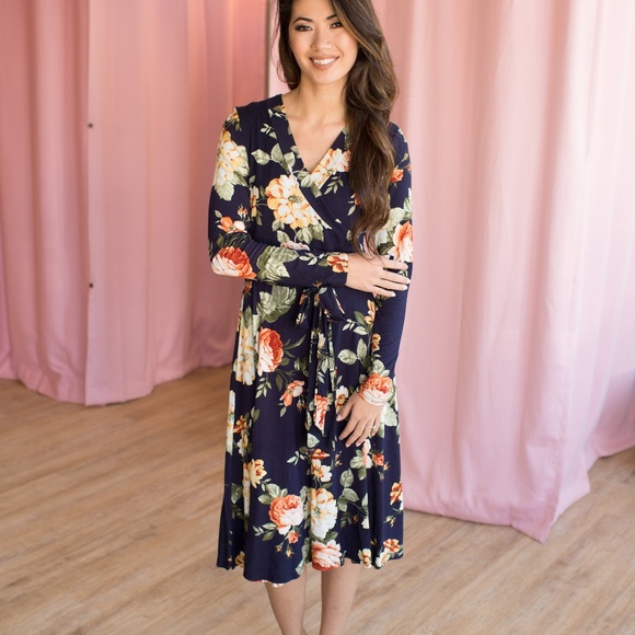 Dresses & Skirts - Faux Wrap Midi Dress - Navy/Yellow